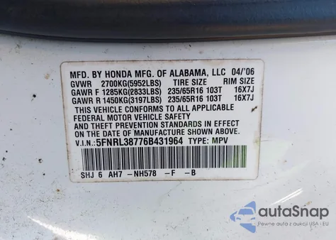 2006 Honda Odyssey Ex-L z USA, uszkodzony, nr VIN 5FNRL38776B431964